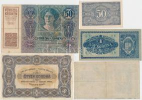 24db klf korona bankjegy jobb darabokkal, közte 1914. 50K "MAGYARORSZÁG" felülbélyegzéssel...
