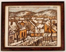 Réti Mátyás (1922-2002): Házak. Színezett linó, papír, jelzett, üvegezett keretben, 22×28 cm