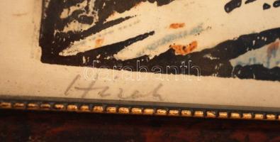 Réti Mátyás (1922-2002): Házak. Színezett linó, papír, jelzett, üvegezett keretben, 22×28 cm