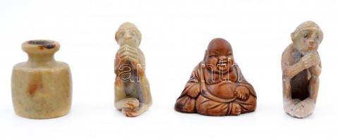 2 db jade majom szobor, egy jade vázácska, faragott fa buddha / Jade monkey figures, carved Buddha 5 cm