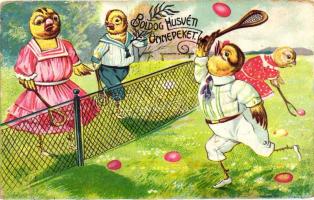 'Boldog Húsvéti ünnepeket' / Easter, tennis playing chicken, litho (b)