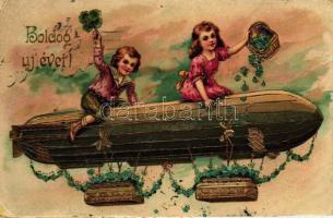 Boldog újévet! / New Year, children on airship, clover, golden decoration, litho, IV. Károly Király Koronázása napja So. Stpl. (fa)
