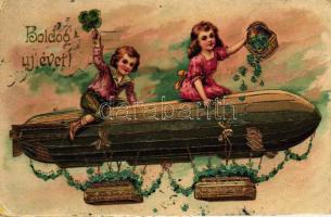 'Boldog újévet!' / New Year, children on airship, clover, golden decoration, litho, 'IV. Károly Király Koronázása napja' So. Stpl. (fa)