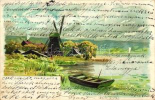 Landscape with windmill and rowboat, litho (EK)