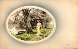 Lady with hat in the forest - 2 postcards, Meissner & Buch Künstlerpostkarten Serie 1555., Iris ...
