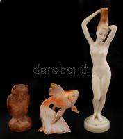 3 db porcelán szobrocska: Aquincum akt és Hollóházi halacska. Kerámia bagoly, fülén apró mázhibával