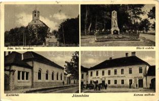 Jánosháza, Római Katolikus templom, Hősök emléke, Kultúrház, Baráth János Korona Szállodája és vendéglője, Keresztény Magyar Könyv és Papírüzlet (vágott / cut)