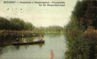 Budapest XIII. Dunarészlet a Margitszigetnél, csónakázók (vágott / cut)