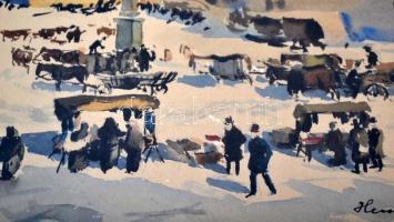 Hessky Iván (1890-1950): Piac a főtéren. Akvarell, papír, jelzett, üvegezett keretben, 14×25 cm