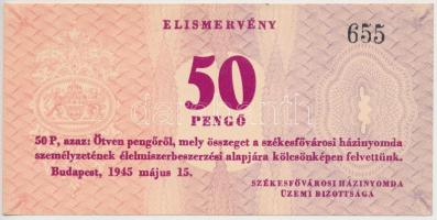 Budapest 1945. 50P elismervény "Székesfővárosi házinyomda üzemi bizottsága" T:I,I- hajtatlan