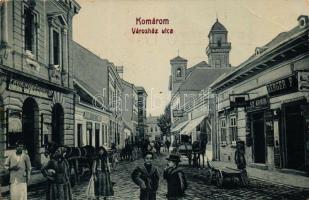 Komárom, Komárno; Városház utca, Berger F., Weisz Ármin, Ziegler Albert üzletei, gyógyszertár / street, shops, pharmacy (EB)