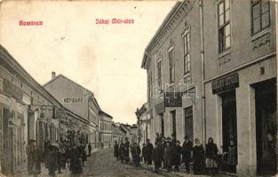 Komárom, Komárno; Jókai Mór utca, Népbank, Széles István hentesüzlete, Tamasek Lajos üzlete (EK)