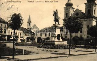 Marosvásárhely, Targu Mures; Széchenyi tér, Kossuth szobor, a hátoldalon brassói K.u.K. katonai cenzúra pecsételéssel, kiadja Révész Béla / square, statue, Austro-Hungarian military censorhip cancellation on backside (vágott / cut)