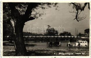 Magyarlápos, Targu Lapos; Lápos híd, lovaskocsi és autómobil a folyóban / bridge, horse carriage and automobile in the river