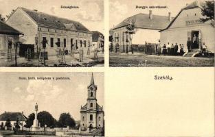 Szakály, Községháza, Hangya szövetkezet, Római Katolikus templom, kiadja Kálmán fényképész (EK)