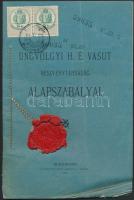 1893 Az Ungvölgyi H. É. vasut részvénytársaság alapszabályai. Budapest. Viaszpecséttel és okmánybélyeggel (15kr.). Gyürőtt sarkokkal,  pp.:19, 22x15cm
