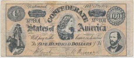 Amerikai Konföderációs Államok / Richmond 1864.17.02. 100$ replika T:VG Confederate States Of America / Richmond 02.17.1864 100 Dollars replica C:VG