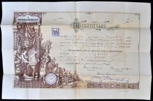 1907 Bizonyítvány női szabó mesterségről, Szegedi Ipartestület, hajtogatva, 5 kr okmánybélyeggel, 31x47cm