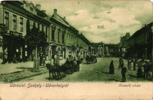 Székelyudvarhely, Odorheiu Secuiesc; Kossuth utca, M.K. Dohány üzlet, lovaskocsi, kiadja Monori József / street, tobacco shop, horse carriage (b)