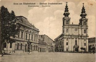 Erzsébetváros, Dumbraveni; Főtér, piac, Örmény Katolikus templom / main square, Armenian Catholic church (vágott / cut)