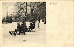 Beszterce, Bistrita; Sétatér télen, szánkózó gyerekek, kiadja Bartha M. / the promenade in winter, children on sled (ázott sarok / wet corner)