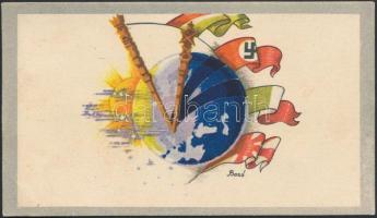 cca 1940 Háborús szövetségesek (Németország, Japán, Magyarország), népies üdvözlőkártya Bozó jelzéssel, 12 × 7 cm / Irredenta propaganda card, allies of Hungary, minicard