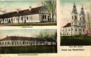 Sándorháza, Sandra; Közösségi ház, Római Katolikus templom, elemi iskola, kiadja Kugel Károly / community house, church, school (EK)