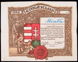 1926 Az Országos Magyar Diáknyomorenyhítő által kiadott emléklap minta példánya, 22x28cm