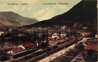 Rózsahegy, Ruzomberok; látkép vasútállomással, vonattal, kiadja Klimacek Sándor / general view with railway station and locomotive (EB)