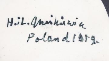 Jelzett lengyel kerámia tálka, kézzel festett, hibátlan, 13×14 cm