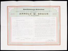 1877 Elismerő oklevél Arnold W. Braun volt iskola igazgatónak 30 év munkaviszony után a Budapesti tankerület kir. felügyelőségétől, okmánybélyeggel (15kr.). Szép állapotban.  52x63cm