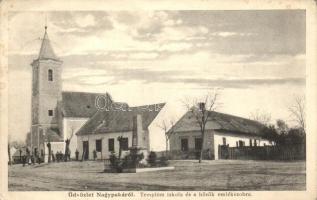 Nagypaka, Velká Paka; Templom, iskola, Hősök szobra, kiadja Otto Brunner / church, school, memorial statue (EK)