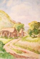 Sostarics Lajos (1896-1968): Ház az út szélén(Budaörs). Akvarell, papír, jelzett, kartonra kasírozva...