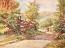 Sostarics Lajos (1896-1968): Séta az erdőben. Akvarell, papír, jelzett, kartonra kasírozva, 23x30 cm