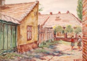 Jelzés nélkül: Faluban. Akvarell, papír, kartonra kasírozva, 23x28 cm