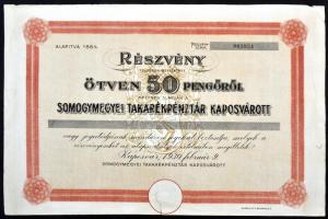 Kaposvár 1930. "Somogymegyei Takarékpénztár Kaposvárott" részvénye 50P-ről T:II- szakadás