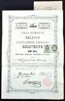 Révfülöp 1872. "Zala-Somogyi Balaton Gőzhajózási Társaság" részvénye 50Ft-ról szelvényekkel, szárazpecséttel és bélyegekkel T:II-,III Hungary / Révfülöp 1872. "Zala-Somogy Balaton Steamship Company" share about 50 Forint with coupons, embossed stamp and stamps C:VF,F