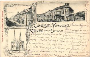 1898 Versec, Vrsac; Főtér, utca, Római Katolikus templom / main square, street, Catholic church; Art Nouveau, floral