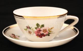 Hollóházi virágmintás porcelán mokkás csésze csészealjjal, matricásak,  hibátlanok, jelzettek, 9 db