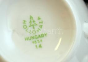 Hollóházi virágmintás porcelán mokkás csésze csészealjjal, matricásak,  hibátlanok, jelzettek, 9 db