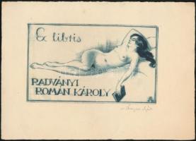 Bajor Ágost (1892-1958): Akt, Radványi Román Károly ex libris, rézkarc, jelzett, papír, 7x11cm