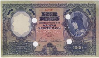 1927. 1000P 4 lyukkal (érvénytelenített) T:kis mértékben restaurált, alsó szél egyenetlenül vágva RRR!!!