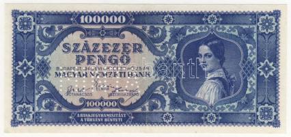 1945. 100.000P "kék" minta perforációval "000"-ás T:kissé restaurálva, egyébként hajtott