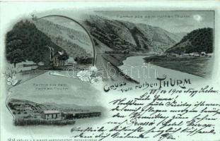 Vöröstorony, Turnu Rosu; folyórészlet, vasút, éjszaka, kiadja F. Binder / river detail, railway, by night; silver decoration, litho