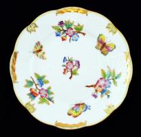 Herendi Viktória mintás süteményes tányér, kézzel festett, jelzett, kopás nyomokkal, d:16 cm