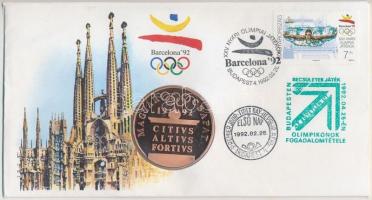 1992. Barcelona-magyar csapat emlékérem bélyeges borítékon, elsőnapi bélyegzéssel T:PP