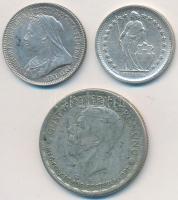 Vegyes: Nagy-Britannia 1893. 6p Ag "Viktória" + Svájc 1965. 1/2Fr Ag + Svédország 1943G 1K Ag "V. Gusztáv" T:2,2-,3 Mixed: Great Britain 1893. 6 Pence Ag "Victoria" + Switzerland 1965. 1/2Fr Ag + Sweden 1943G 1 Krona Ag "Gustaf V" C:XF,VF,F