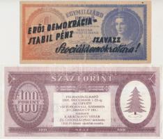 1946. Bankjegyszerű 1.000.000.000P-s röpcédula kétoldali "Erős demokrácia=Stabil pénz - Szavazz a Szociáldemokratára!" propaganda felülnyomással + 1995. "Karácsonyi Vásár és Újdonságpiac" 100Ft-os utalványa T:III