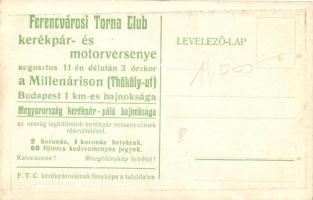 A Ferencvárosi Torna Club (FTC) kerékpárosainak fényképe, a hátoldalon kerékpár- és motorverseny hir...