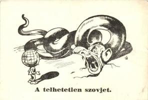 A telhetetlen szovjet, antiszemita grafikai képeslap; kiadja Nagykálnai Levatich László / The Insatiable Soviet, Anti-Semitic postcard, Judaica (EB)